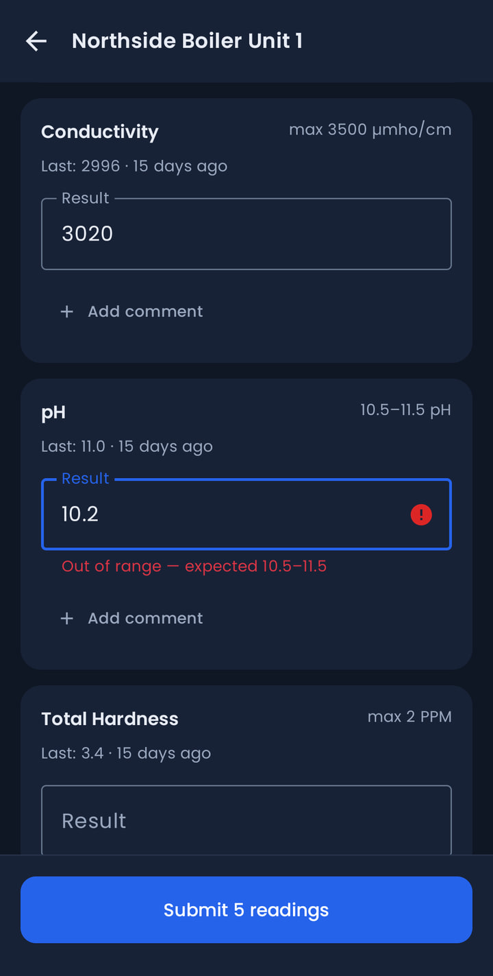Entering a pH reading in the Data Drop Android app, flagged in red as out of range