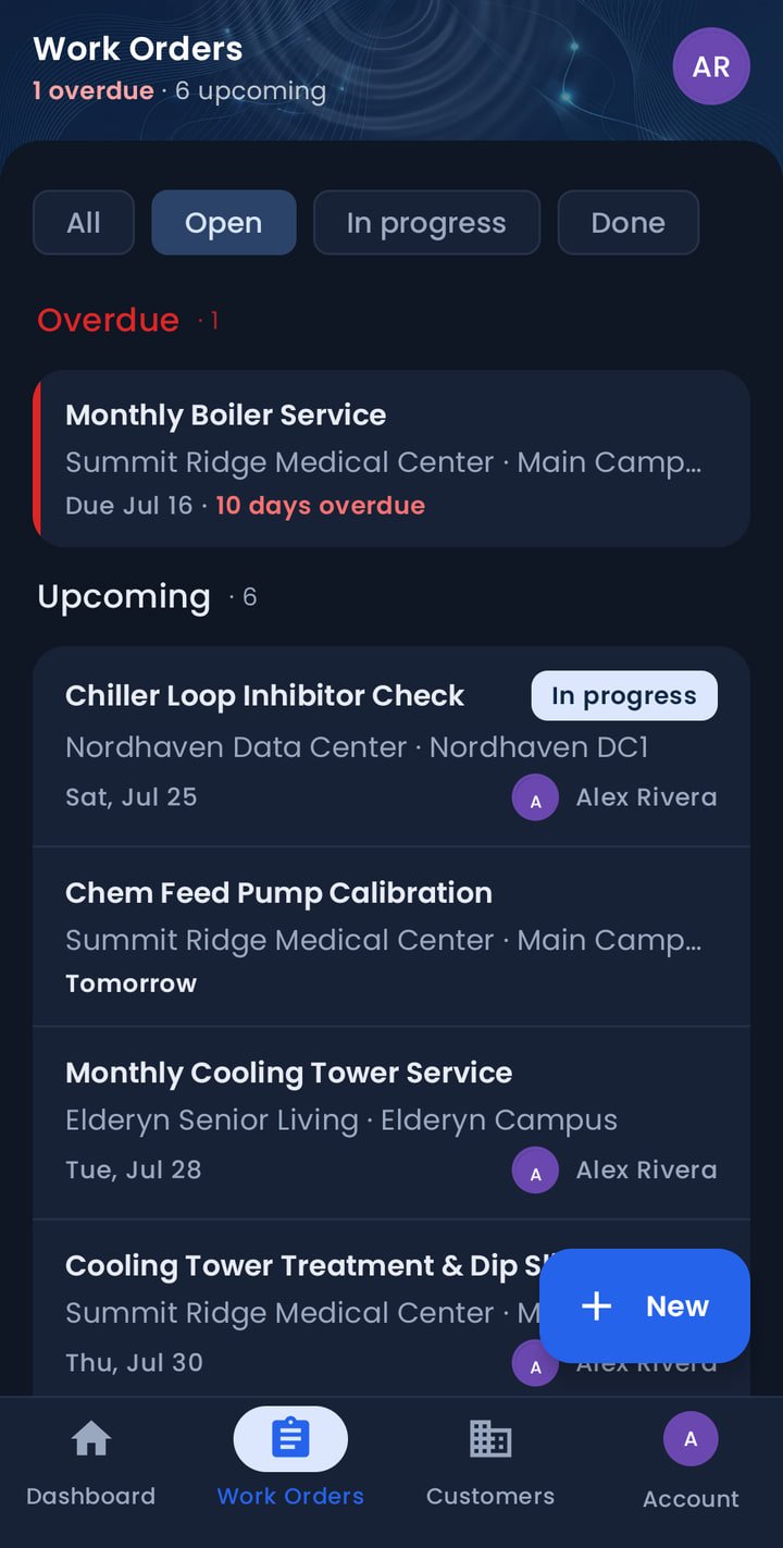 A technician's work order list in the Data Drop Android app, showing one overdue job and two upcoming visits