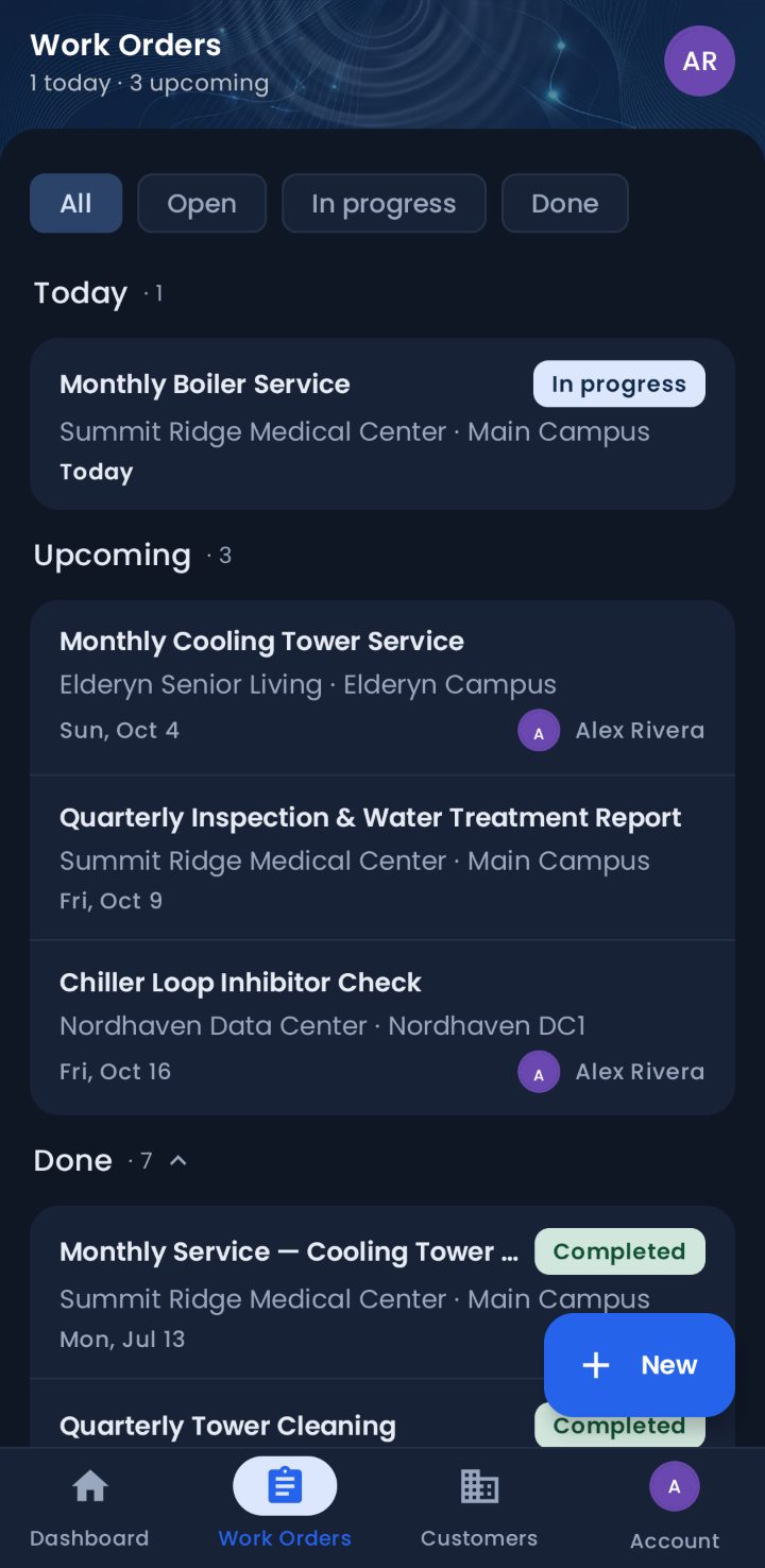 A technician's work order list in the Data Drop Android app, showing one job in progress today and three upcoming visits